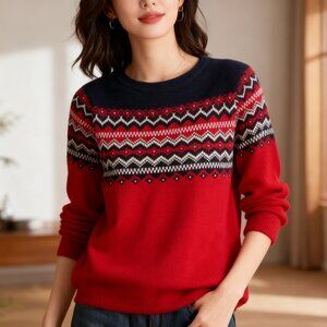 EDDIE BAUER 100% COTTON Womens Faire Isle Fisherman Sweater Red & Black Boxy